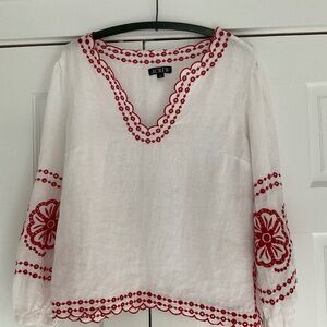 J. Crew Bungalow Embroidered Linen Top White with Red Detail